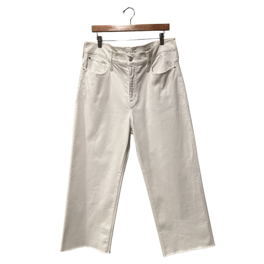 J.Crew Slim Wide Leg Jeans White Raw Hem High Rise Stretch Women’s 33